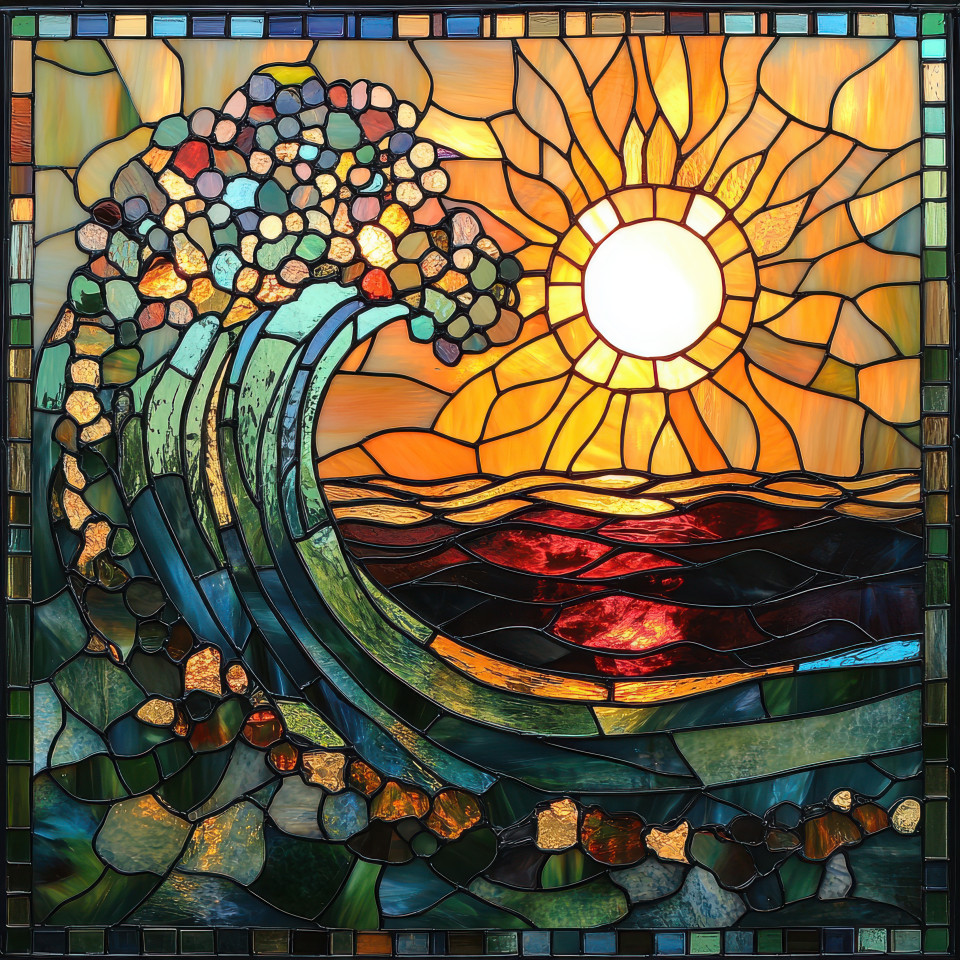 Waves crash under a golden sunset captured in stunning stained glass, the colorful glass windows reflect the movement of the ocean as it meets the warm glow of the setting sun