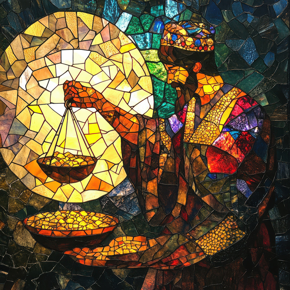 A merchant weighs gold on a scale in front of stained glass windows, the detailed artwork reflects the trade and commerce, with custom stained glass depicting the historic scene