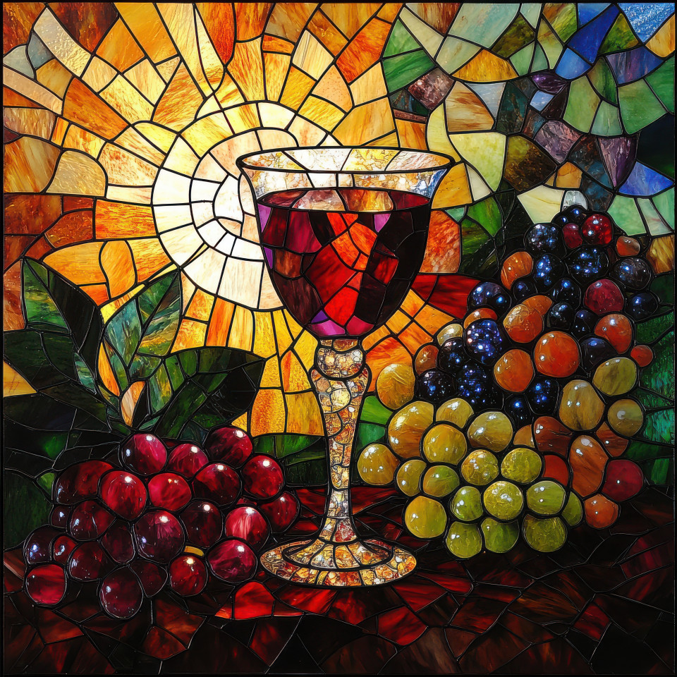 A goblet of wine sits beside a fruit laden table captured in stained glass, the detailed glass windows show the rich colors of the fruit and the reflective shine of the wine in this elegant scene