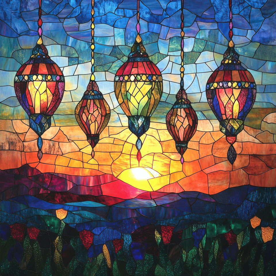 Lanterns float gently in a twilight sky illuminated through stained glass windows, the soft glow of the lanterns shines through intricate glass designs, evoking a peaceful atmosphere