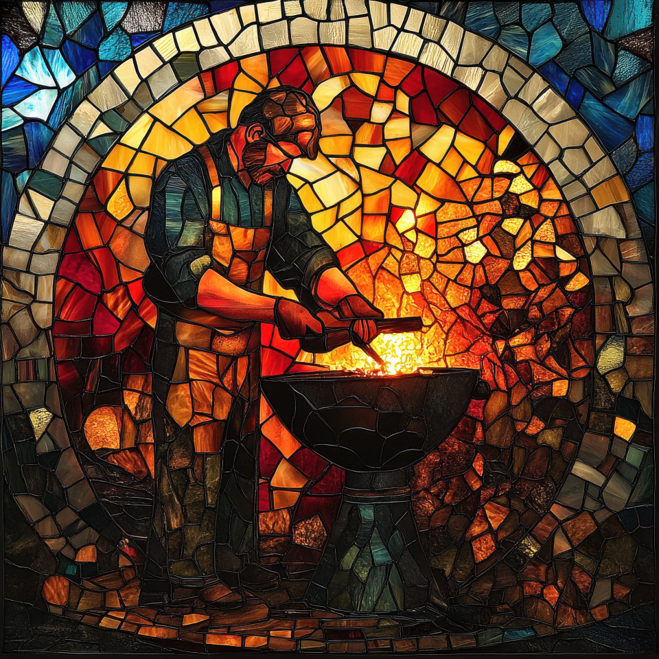 A blacksmith forges metal under sparks with stained glass windows in the background, the glass windows capture the heat of the forge and the intense focus of the blacksmithâ€™s work