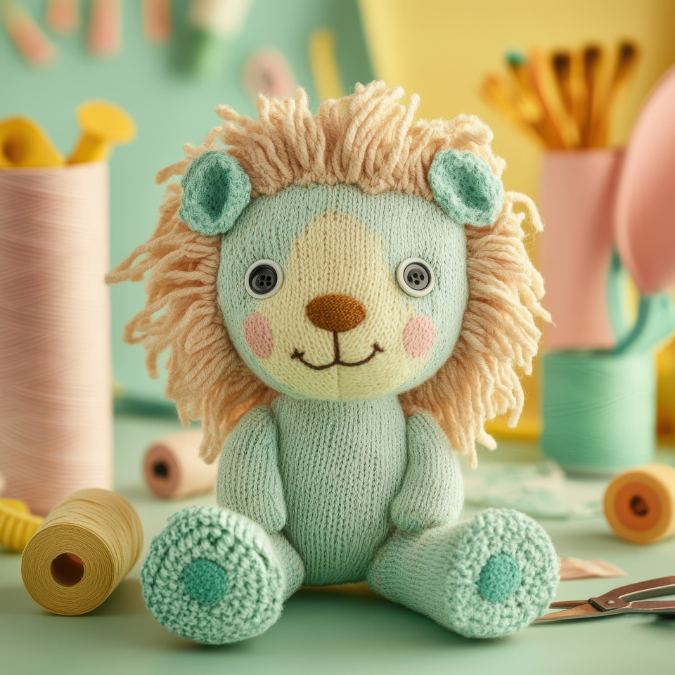 Goofy sock lion with yarn mane and button eyes, a handmade sock puppet style character, showing off its unique, playful design with a yarn crown and cheerful face
