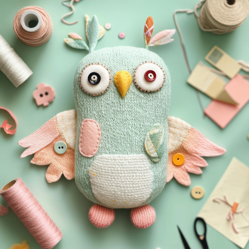 Sock parrot with button eyes and colorful felt wings, a handmade sock puppet style creation, perched with a fun, quirky look and a playful charm