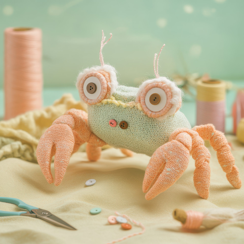 Sock crab on a sandy stitched shore, handmade sock puppet style with felt claws and a playful expression, set against a cozy, handmade beach backdrop