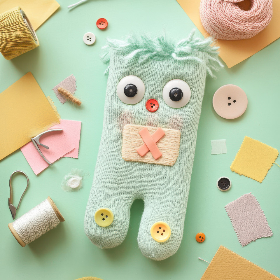 Doctor sock puppet with a band aid, a handmade sock puppet style character, dressed in a medical coat, adding a fun twist to healthcare with its stitched details