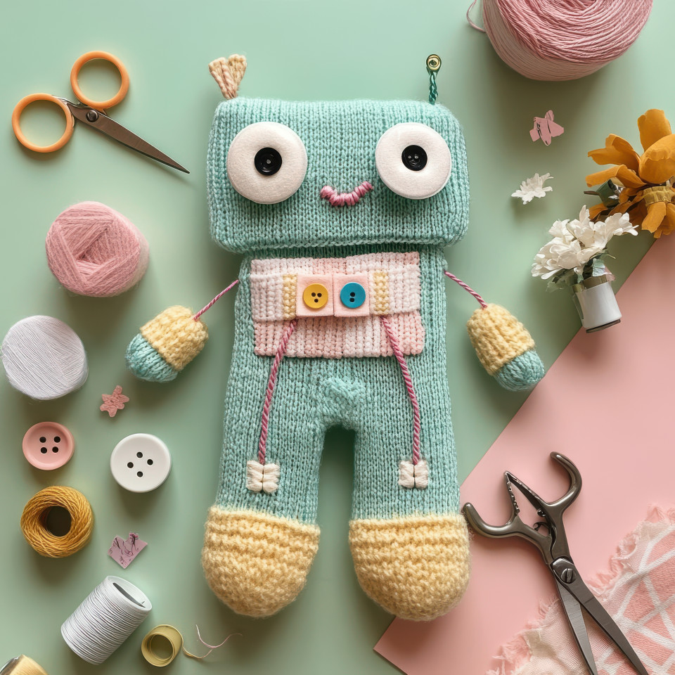 Robot sock with stitched wires, a handmade sock puppet style character, featuring metallic stitches and a mechanical design with a fun, friendly look