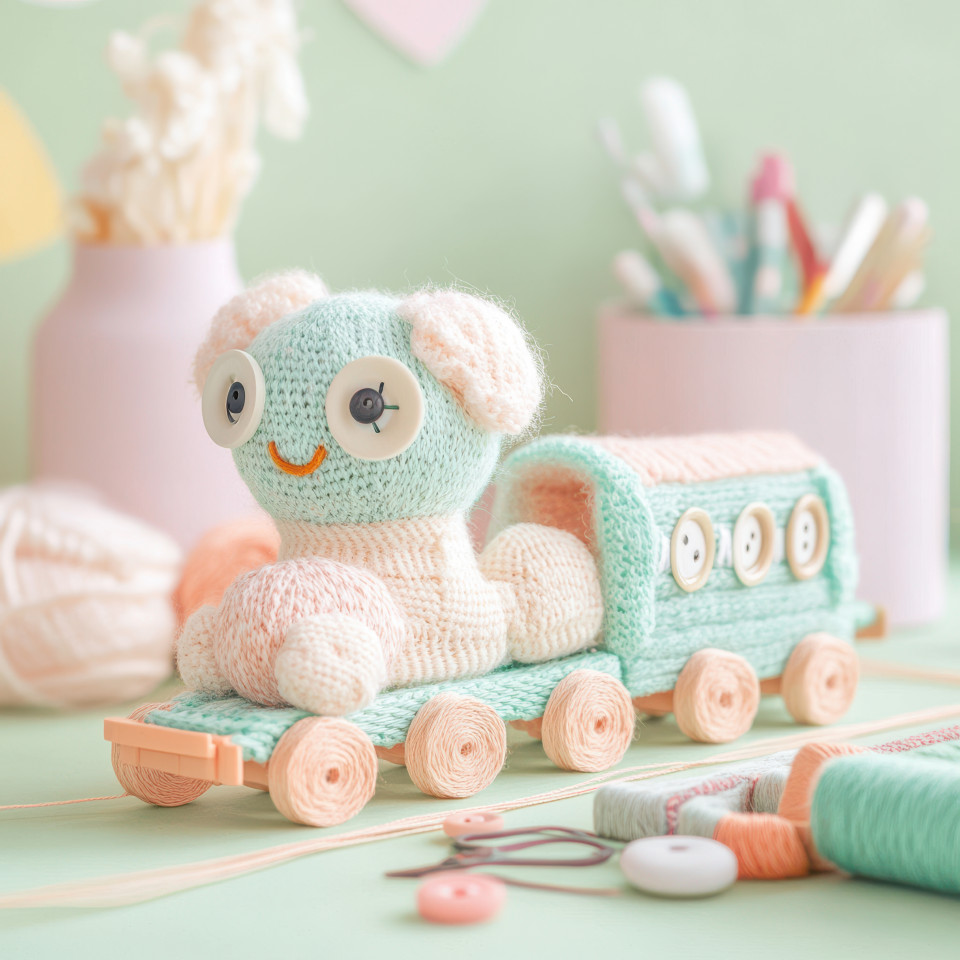 Sock train chugging on a thread track, a handmade sock puppet style design with bright colors and playful motion, representing a fun, creative transportation idea