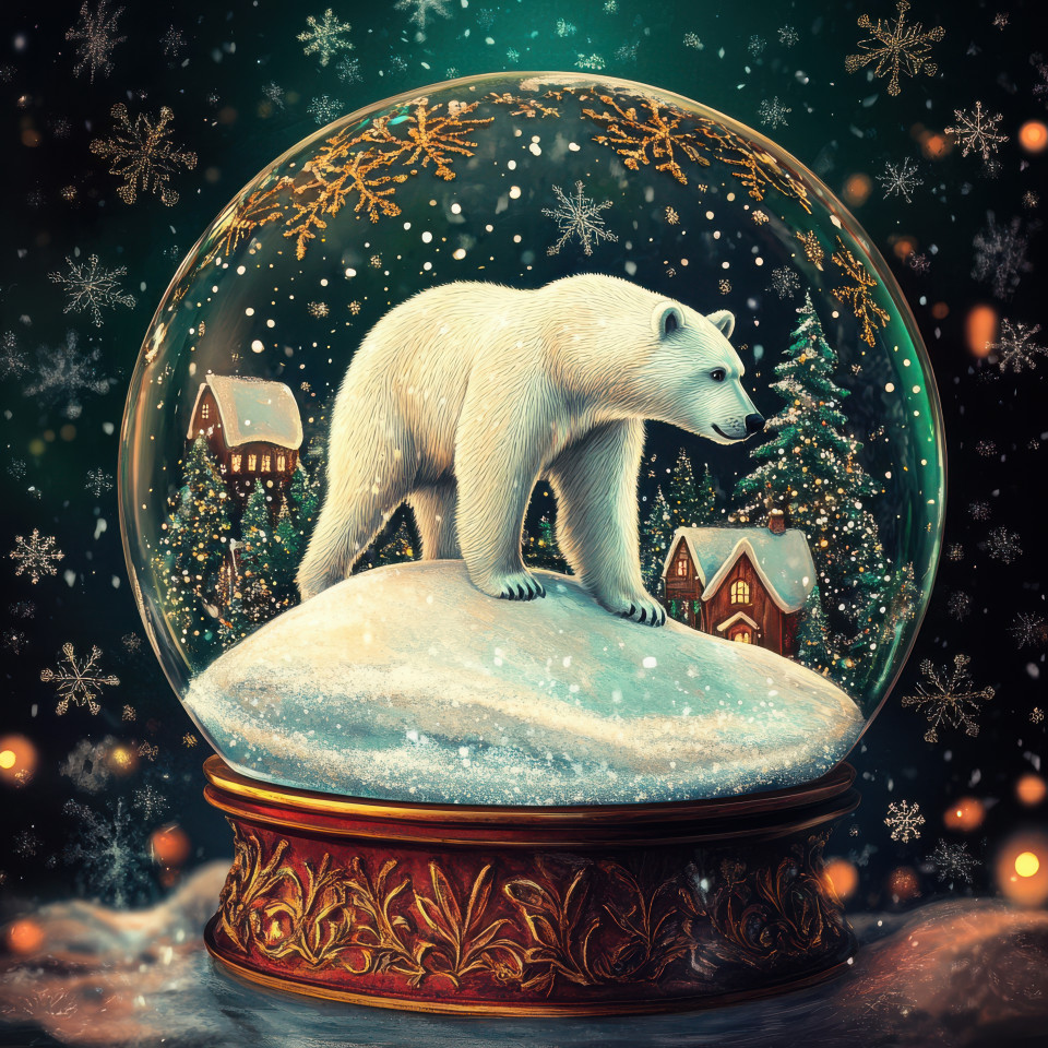 A polar bear stands on an icy hill inside a snowglobe, surrounded by snowflakes, the scene captures the peaceful winter landscape, perfect for a christmas snow globe concept