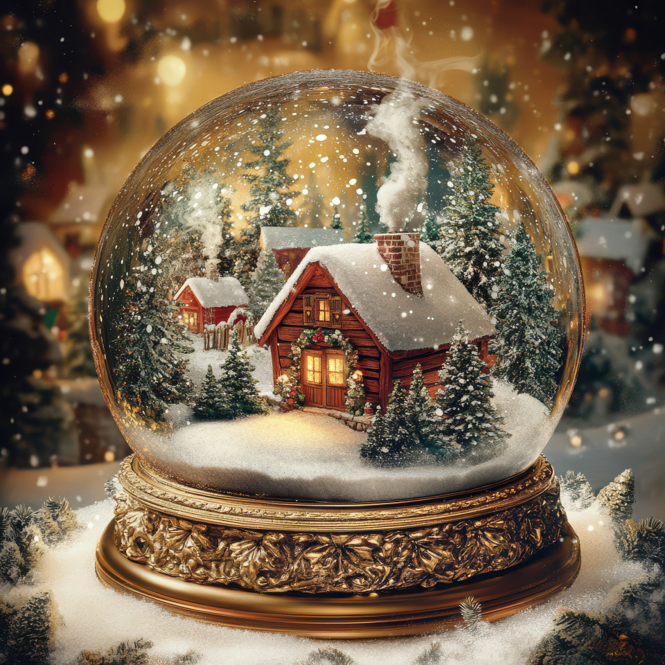 A cozy cabin with smoke rising from the chimney is captured inside a snowglobe, surrounded by snow, the scene evokes warmth and comfort in a christmas snow globe atmosphere