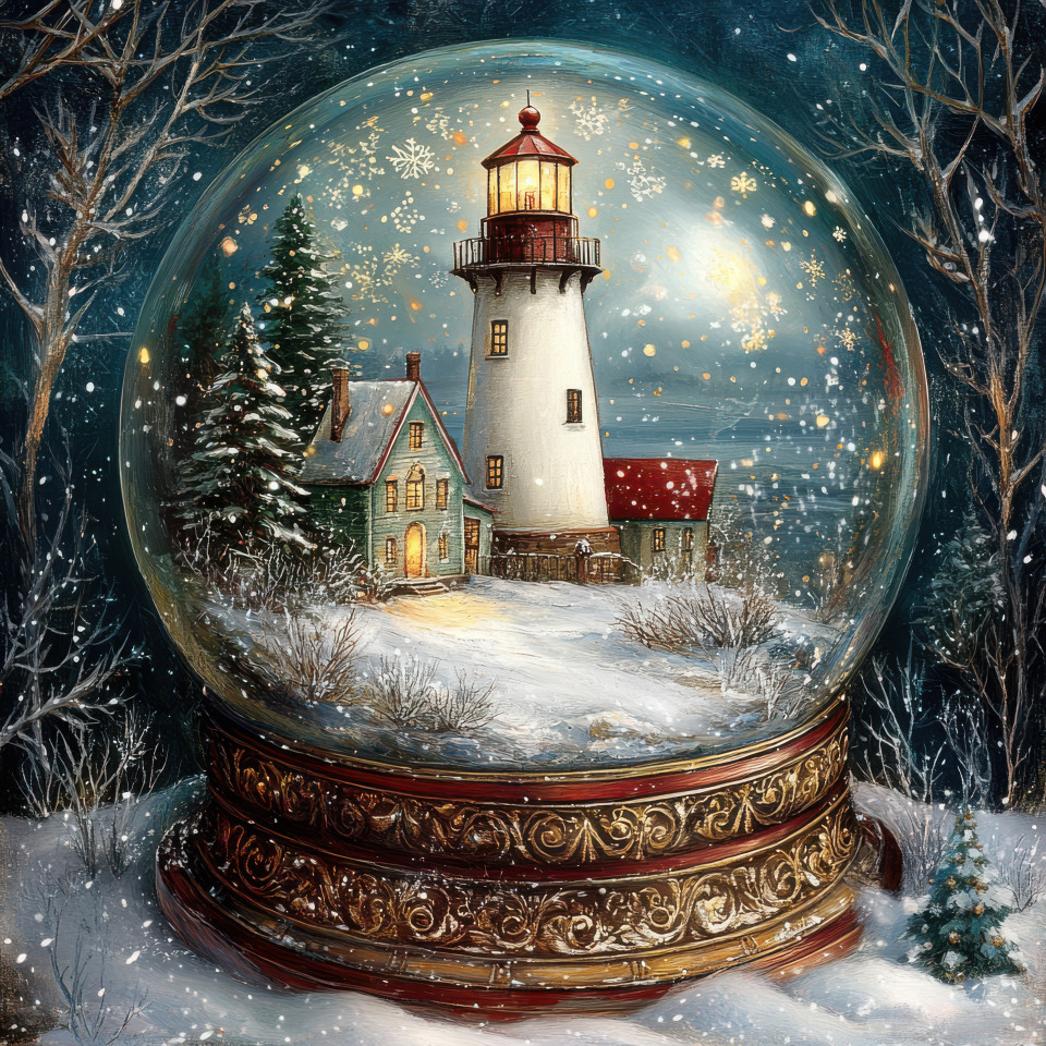 A frozen lighthouse stands tall by the shore inside a snowglobe, with snow covering the ground, the wintery scene is perfect for a christmas snow globe setting