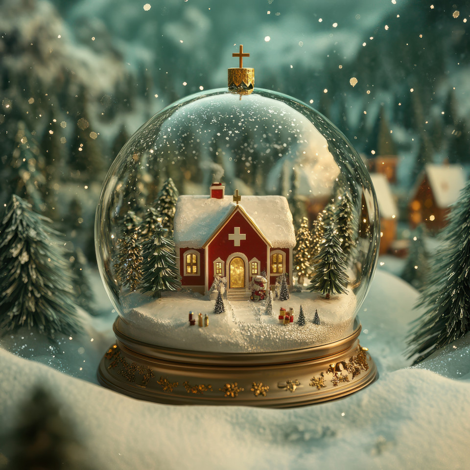 A red cross clinic stands in a snowfall inside a snowglobe, the image depicts a peaceful, snowy winter scene, perfect for a holiday themed snow globe