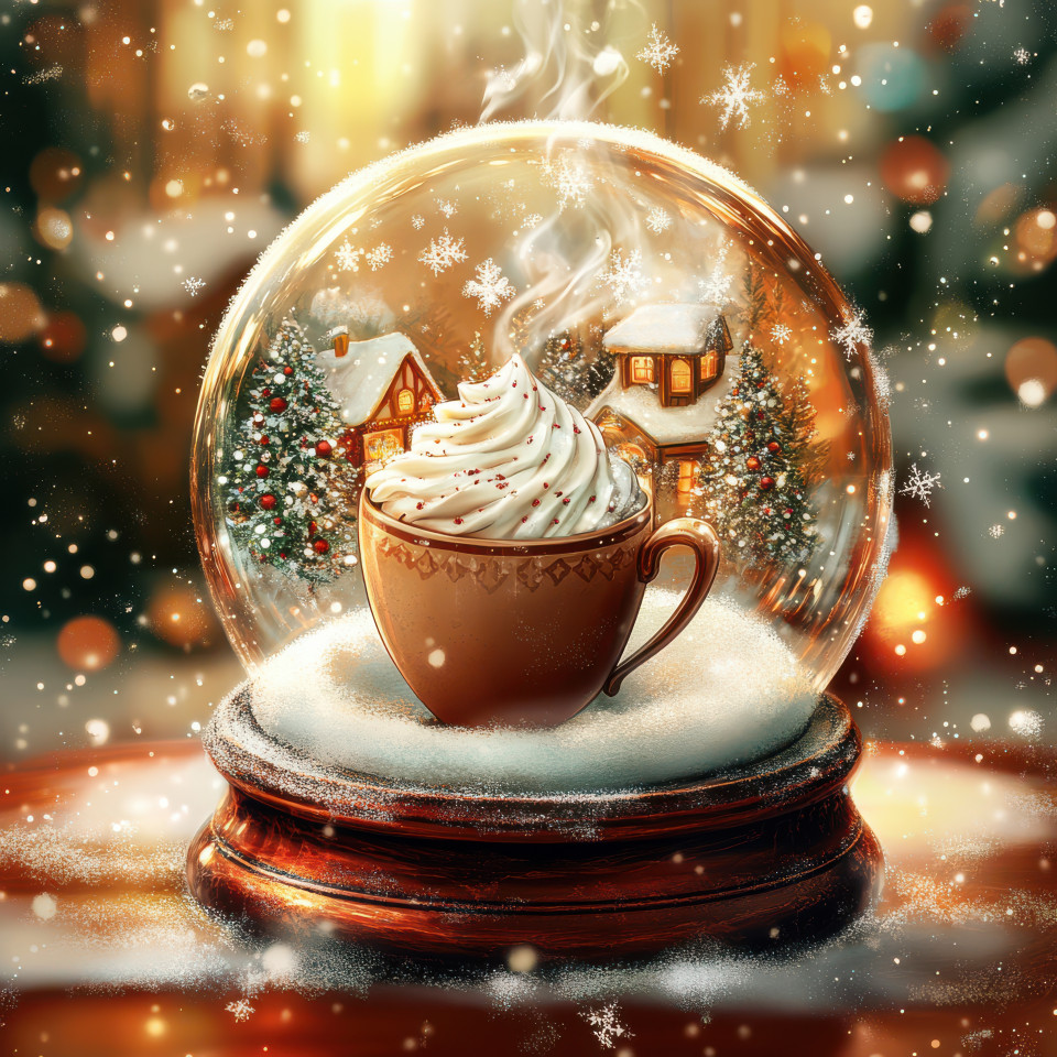 A steaming cup of hot cocoa sits inside a snowglobe, surrounded by snow, the cozy scene adds warmth to the chilly winter setting, ideal for a christmas snow globe theme