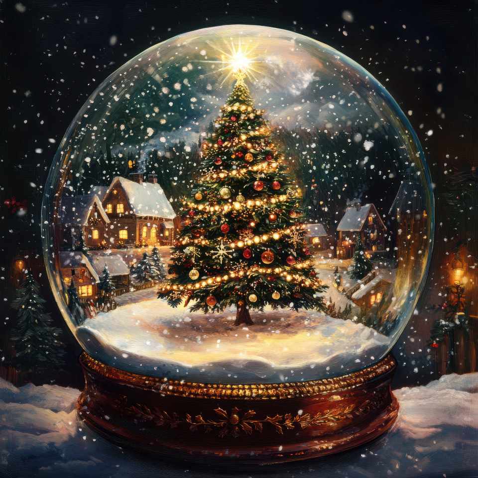 A christmas tree with twinkling lights shines inside a snowglobe, the festive and magical atmosphere captures the essence of a joyful holiday season, perfect for a cardinal snow globe