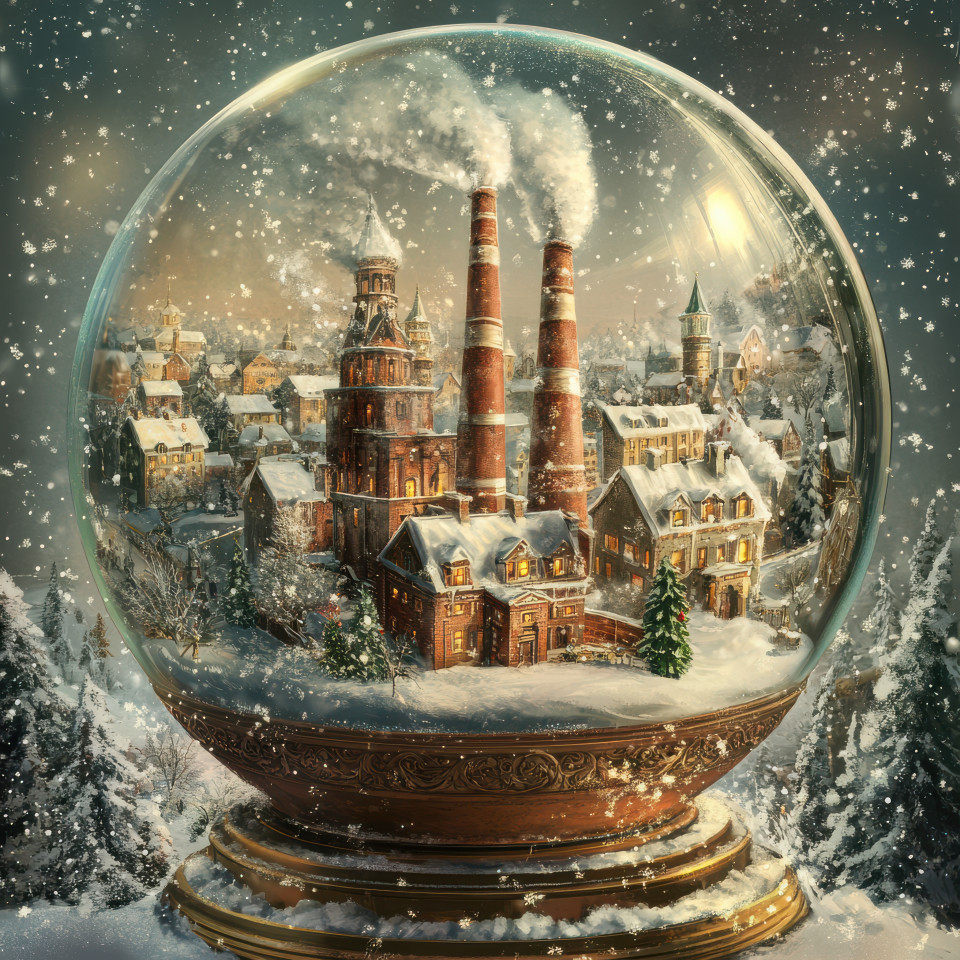 A snow covered factory with chimneys is shown inside a snowglobe, surrounded by a frosty landscape, the winter scene captures the chilly atmosphere of a christmas snow globe