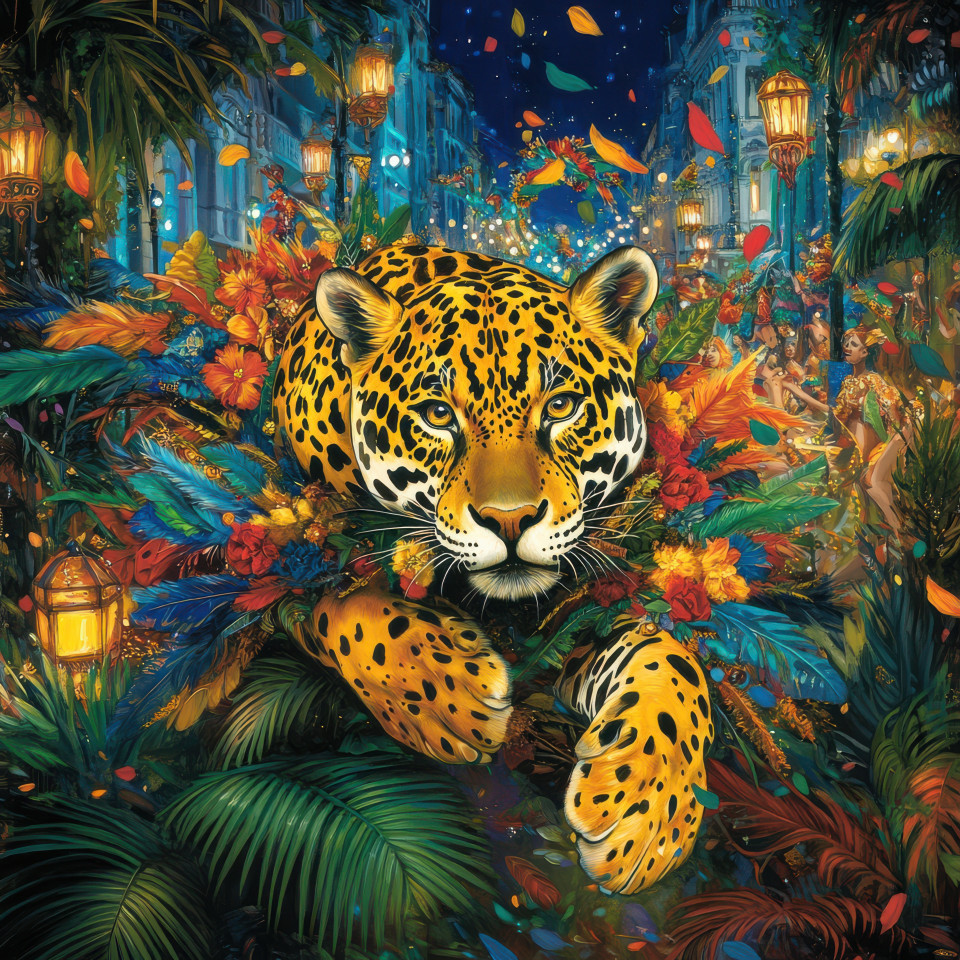 A golden jaguar leaping through jungle vines, surrounded by lush greenery, on a rio carnival float, capturing the energy and vibrancy of the carnival spirit