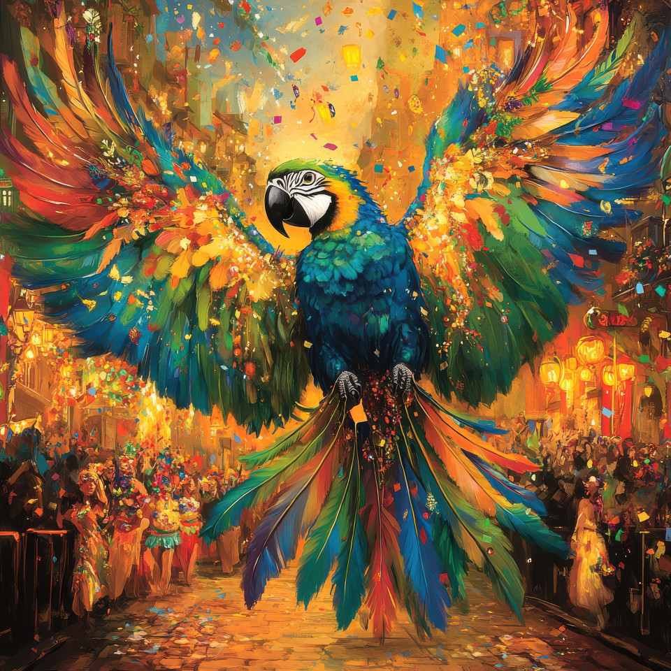 A giant macaw with dazzling rainbow feathers perched on a rio carnival float, showcasing the beauty of tropical birds and the lively atmosphere of the carnival