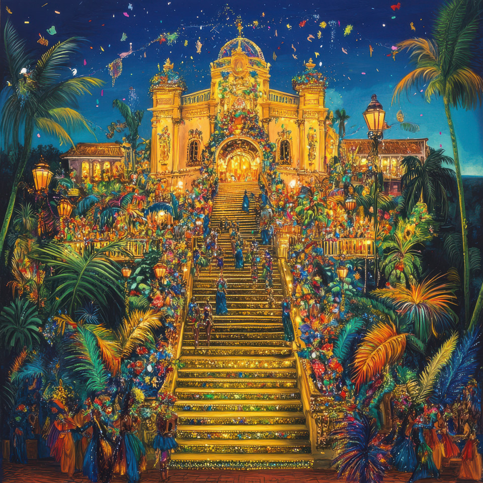 A golden palace with floating stairs, shining brightly as it floats on a rio carnival float, presenting a magical and majestic theme for the parade