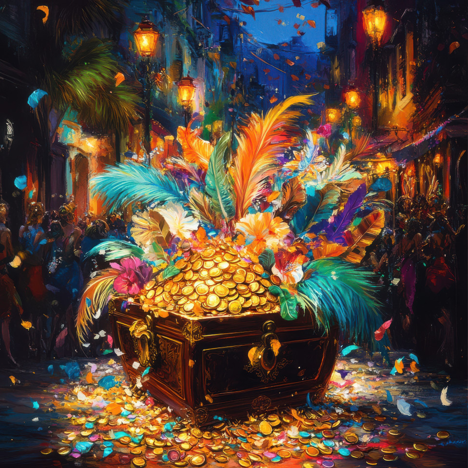 A treasure chest overflowing with gold coins, displayed on a rio carnival float, symbolizing wealth and excitement as part of the festive celebration