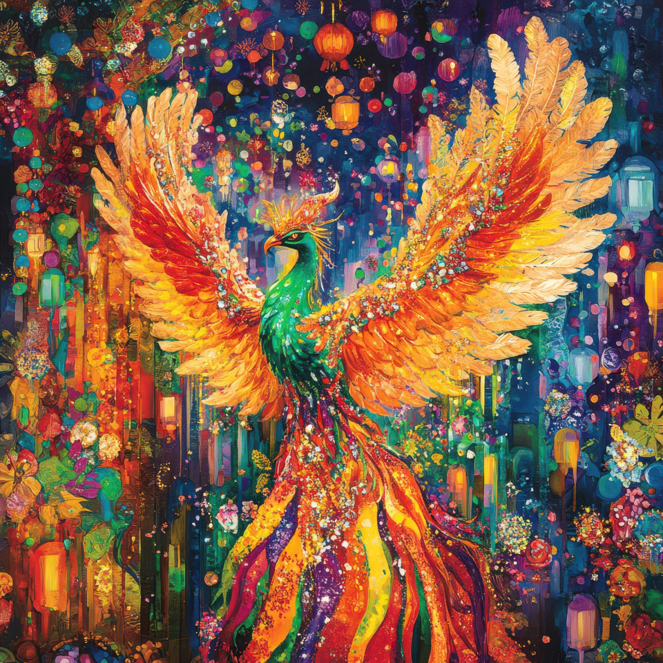 A radiant phoenix rising from healing flames, glowing brightly on a rio carnival float, representing rebirth and the spirit of renewal during the carnival
