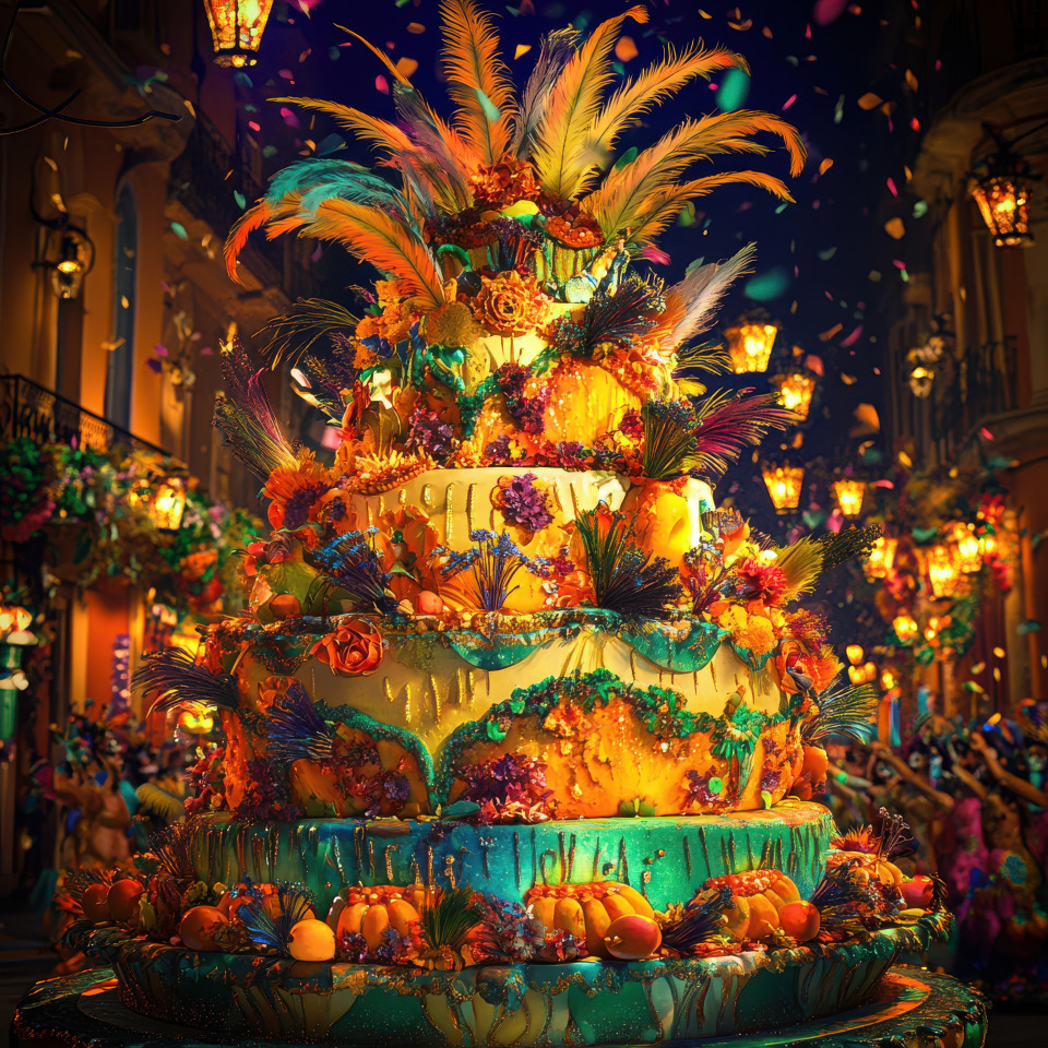 A giant carnival cake with fruit fountains, vividly decorated on a rio carnival float, showcasing the fun and festive atmosphere of the celebration
