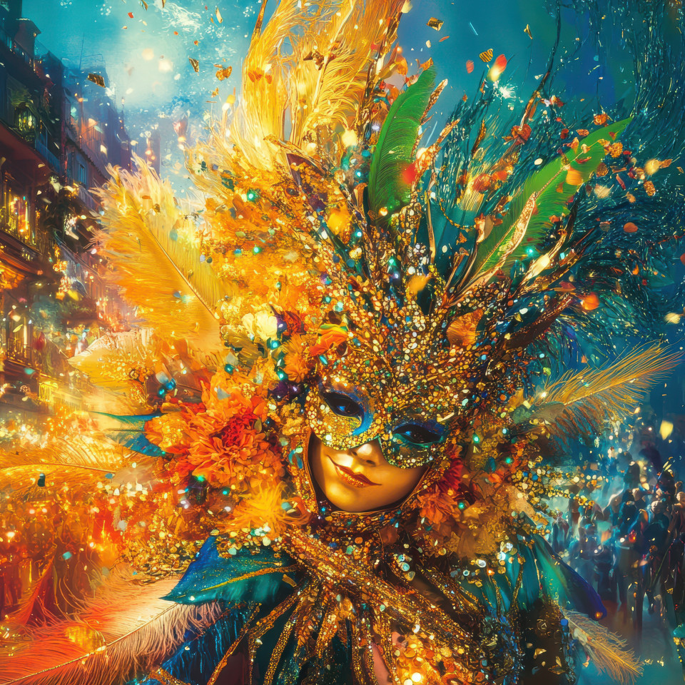 Samba dancers in golden masks, dancing energetically on a rio carnival float, representing the cultural vibrancy and excitement of the carnival