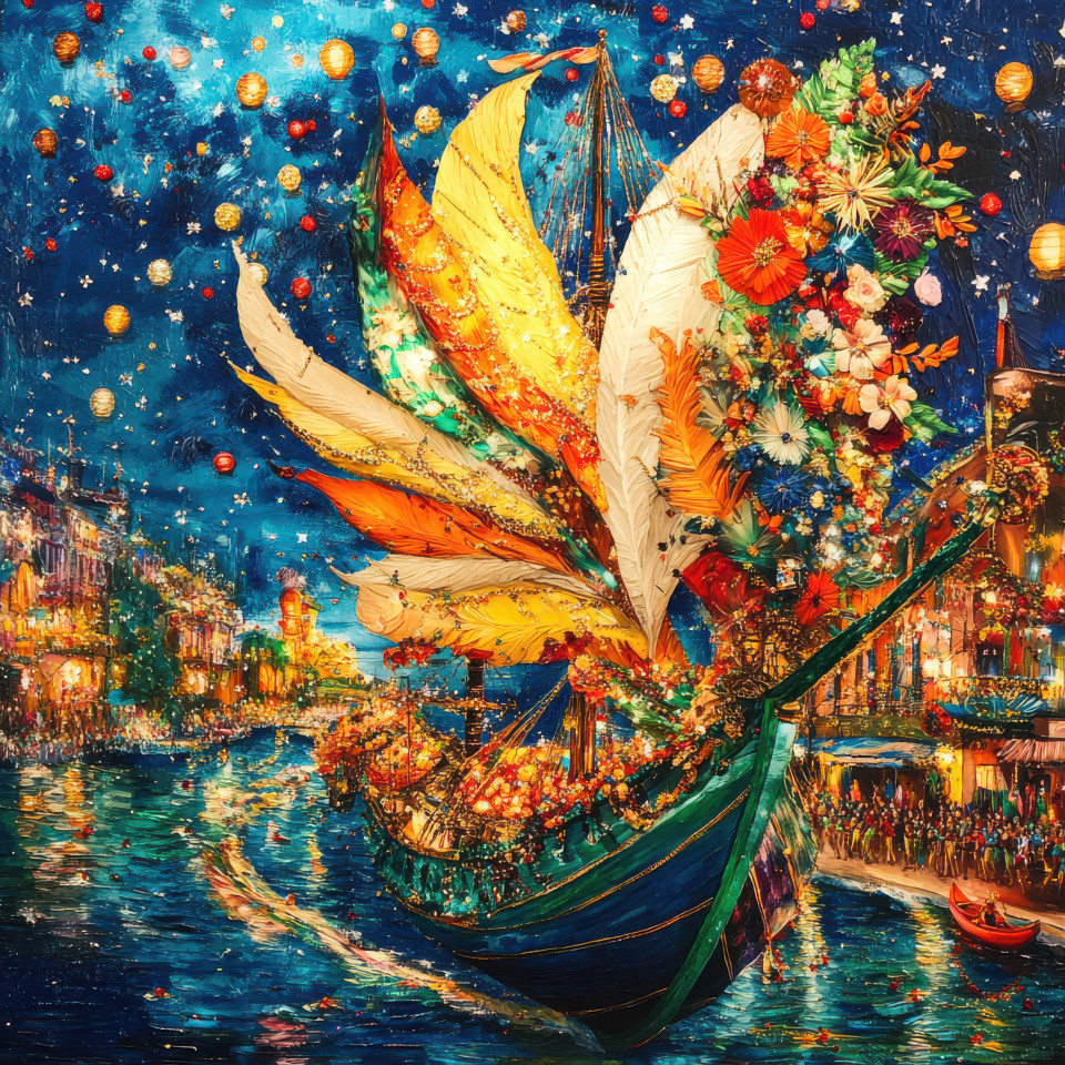 A flying carnival ship soaring over rio, with colorful decorations and lively energy, symbolizing the magic of rio famous carnival parade