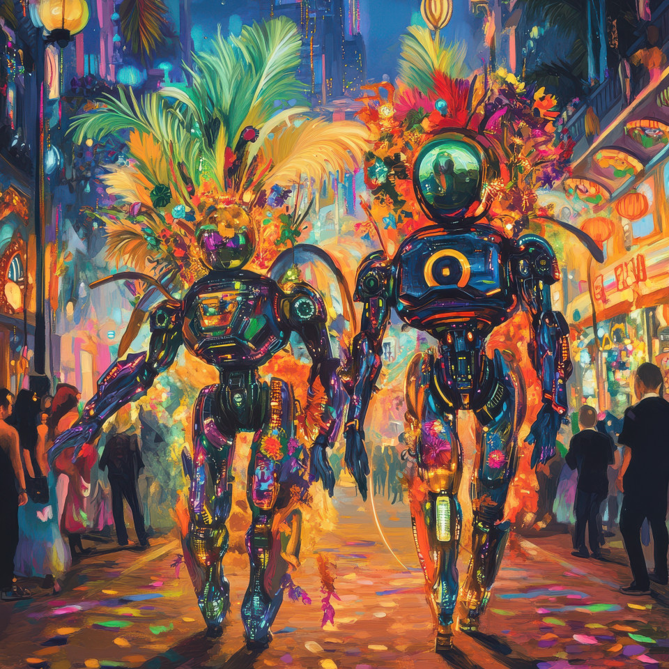 Futuristic robots dancing in neon colors, illuminated by bright lights, adding a modern twist to the rio carnival float and the parade dynamic energy
