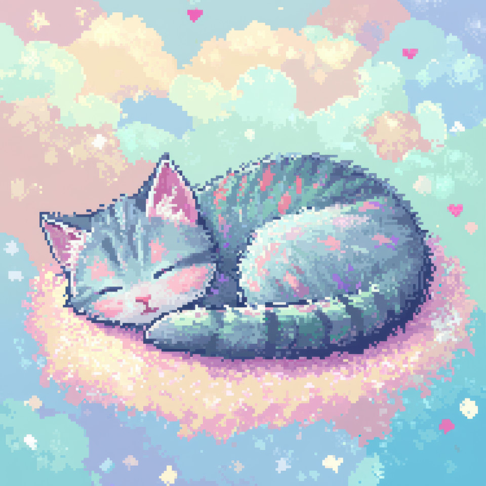 A cute cat curled up sleeping in a cozy spot, peaceful and relaxed, pixel drawing of a fluffy pet, perfect for animal lovers, pixilart draw of a calm feline in pixel art style