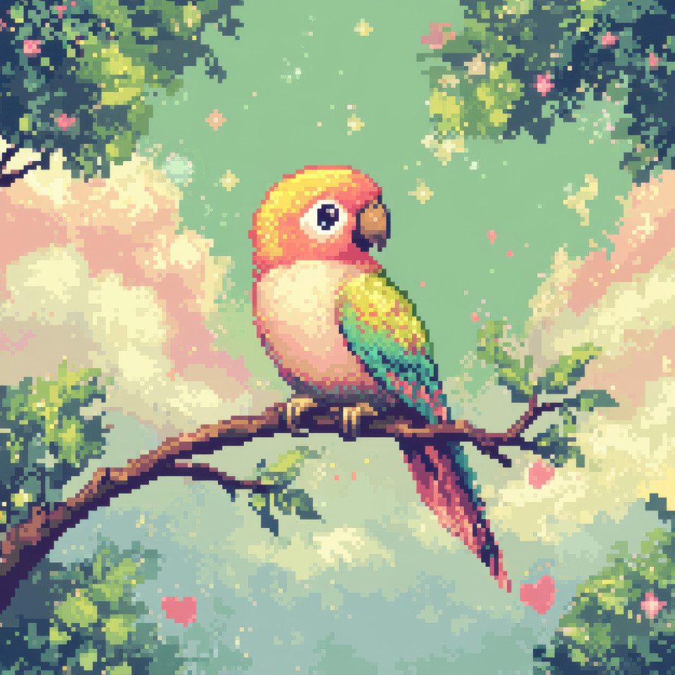 A tiny parrot perched on a tree branch, colorful and lively, pixel drawing of a small bird resting in nature, pixilart draw of a tropical parrot in pixel art style