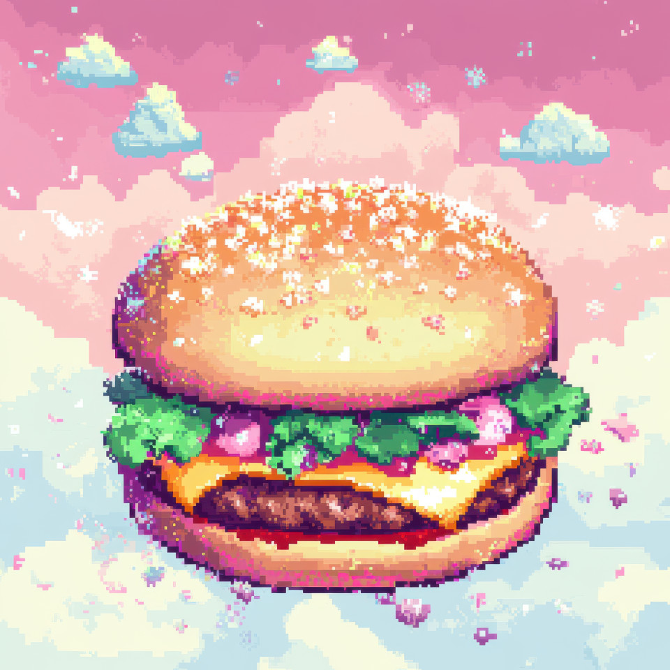 A pixel burger with layers of cheese, lettuce, and juicy patty, pixel drawing of a delicious fast food meal, pixilart draw of a tasty burger in pixel art style