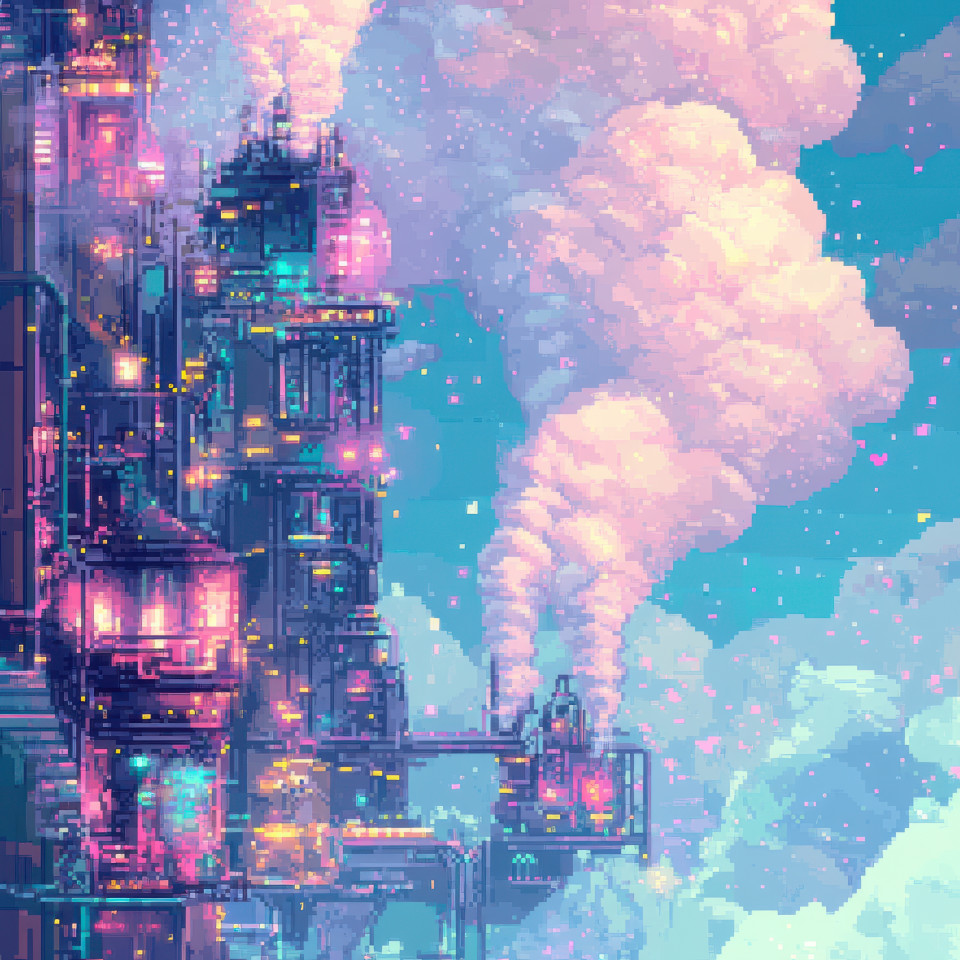 A factory with smoke puffs rising from chimneys, pixel drawing of an industrial building, showing production and industry, pixilart draw of a working factory in pixel art style