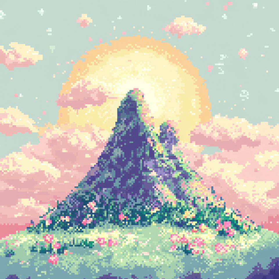 A small mountain with the sun shining above, pixel drawing of nature, peaceful and scenic, pixilart draw of a landscape with hills and sunlight in pixel art style