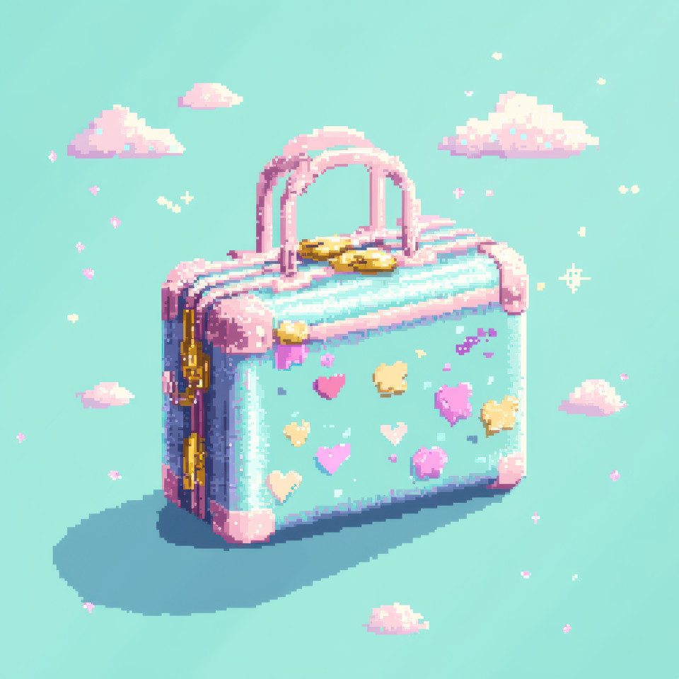 A pixel suitcase decorated with travel stickers, pixel drawing of a luggage bag, ready for an adventure, pixilart draw of a travel themed suitcase in pixel art style