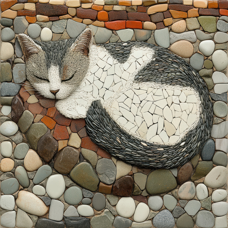 A cat curled up sleeping on a smooth stone peaceful and relaxed, pebble art, pebble pictures, pebble people art, cozy feline resting on a rock, symbol of comfort and tranquility