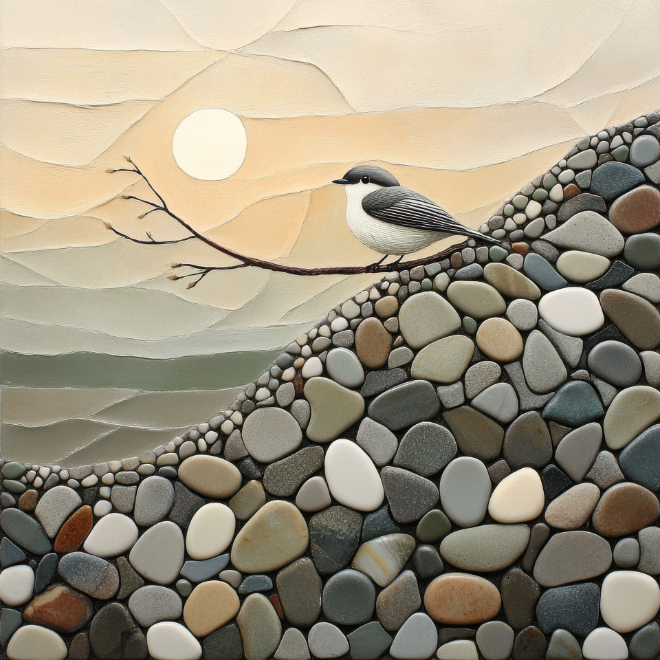 A tiny bird perched on a twig facing the sky appearing calm and free, pebble art, pebble pictures, pebble people art, nature scene with a delicate bird, symbol of hope and serenity