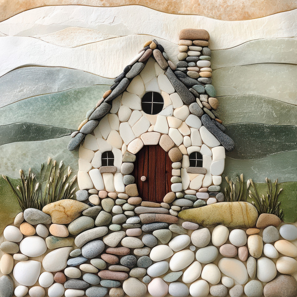 A cozy cottage with a chimney and round door nestled in a peaceful setting, pebble art, pebble pictures, pebble people art, charming home, symbol of warmth, comfort, and rustic living