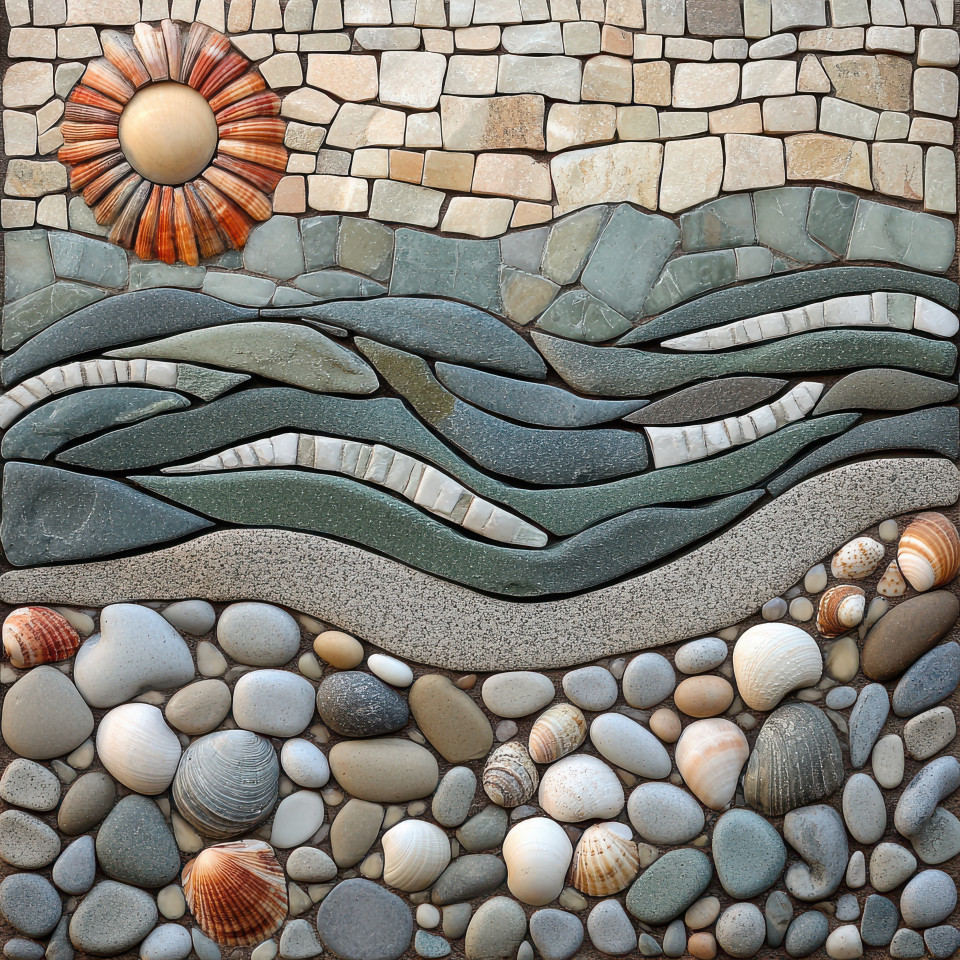 A shoreline with waves seashells and a bright sun, capturing a beach scene, pebble art, pebble pictures, pebble people art, coastal landscape, symbol of relaxation and summer vibes