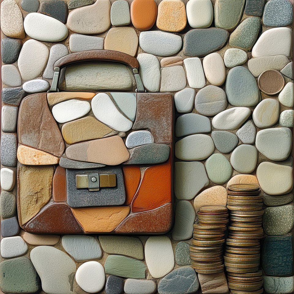A briefcase with coins stacked beside it representing business success, pebble art, pebble pictures, pebble people art, financial growth, money management, economic stability concept