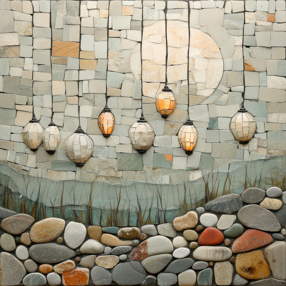 A string of lanterns hanging under the moon glowing softly in the night, pebble art, pebble pictures, pebble people art, peaceful evening ambiance, warm light, nighttime serenity