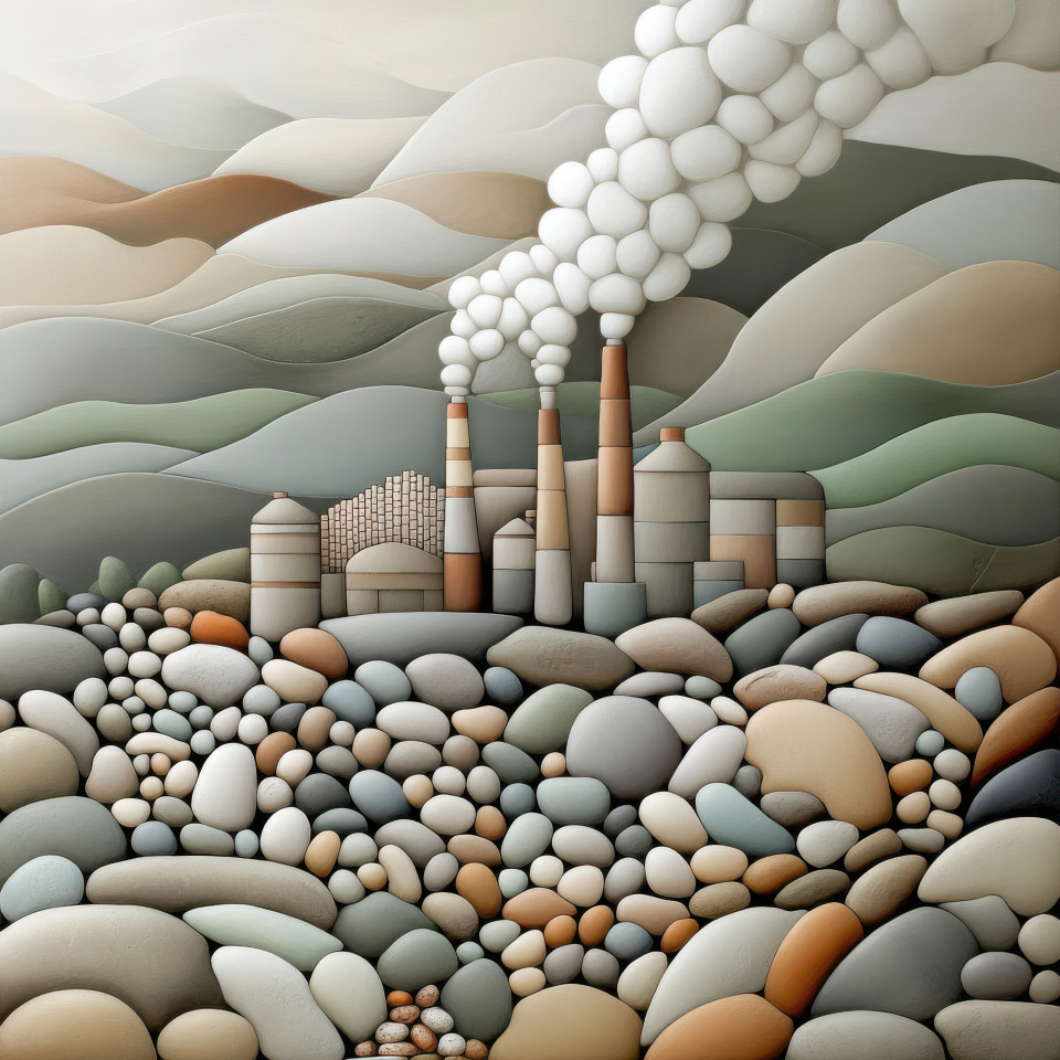 A factory with puffs of smoke rising gently showing industrial activity, pebble art, pebble pictures, pebble people art, production facility, manufacturing, economic progress concept