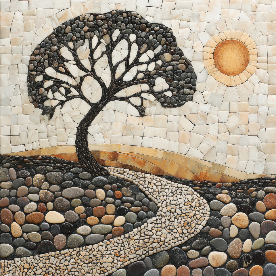 A tree with a winding path under the sun symbolizing journey and growth, pebble art, pebble pictures, pebble people art, scenic nature, life path, resilience, and personal development