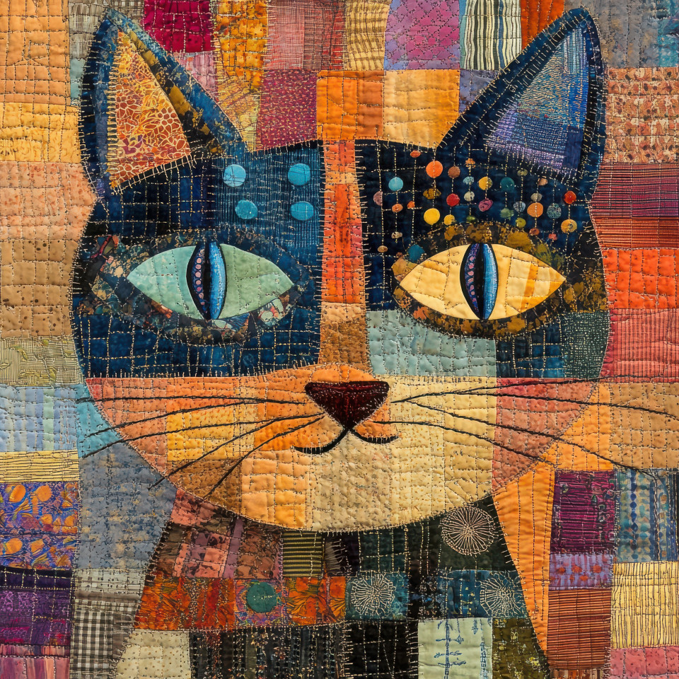 A patchwork cat with stitched button eyes sits with a cozy patchwork quilt texture, detailed fabric patches adding charm, whimsical handmade patchwork fabric design