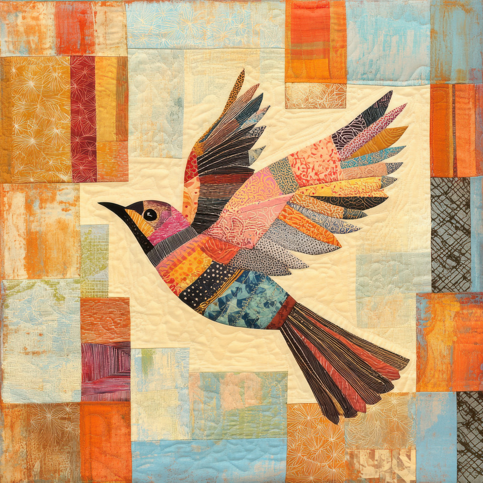 A quilted bird with patterned wings mid flight, showcasing vibrant patchwork fabric and a detailed patchwork quilt design, textured stitches highlight movement