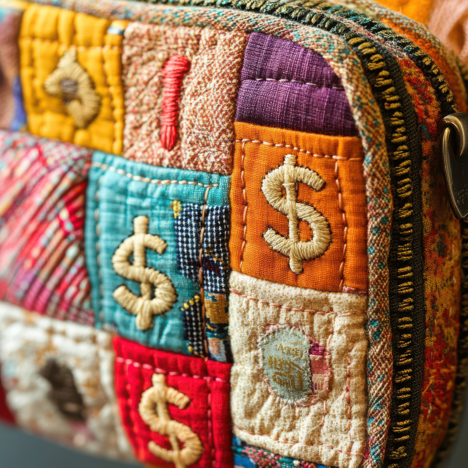 A fabric coin purse with stitched dollar signs, sewn with intricate patchwork quilt patterns, patchwork fabric design symbolizes savings and handcrafted creativity