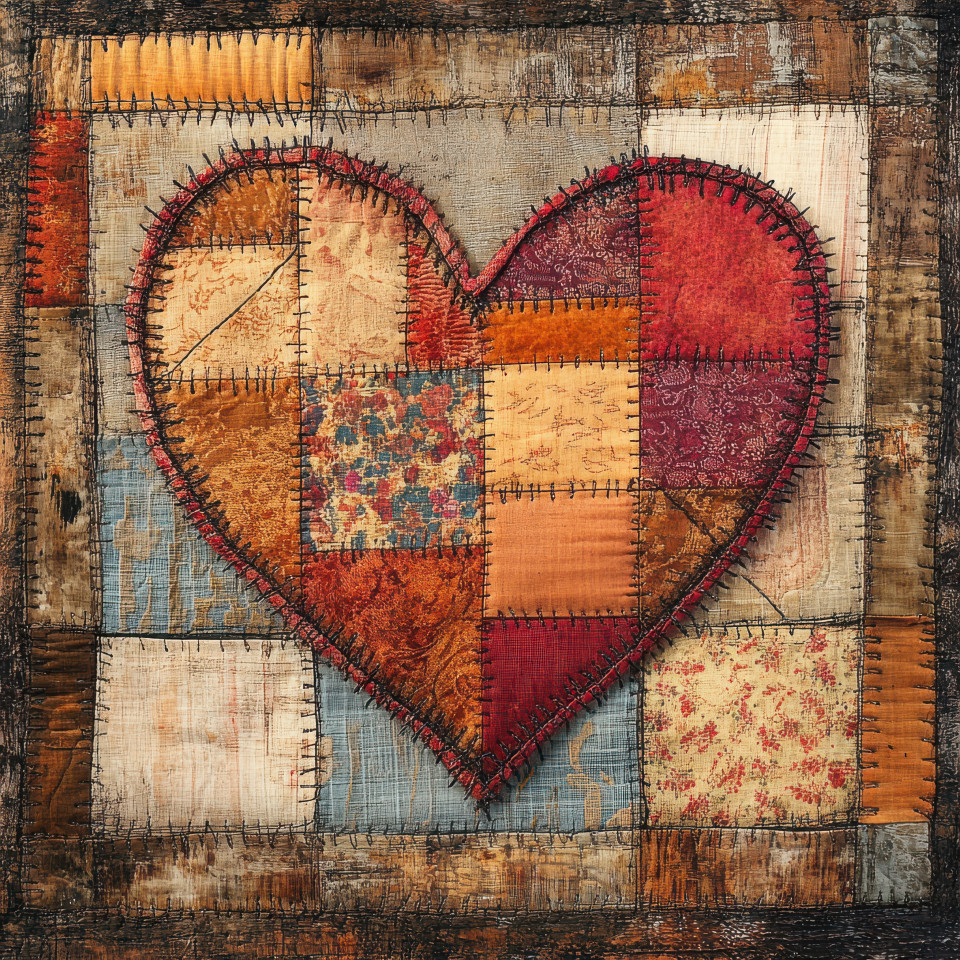 A heart sewn together with visible fabric patches, symbolizing love and healing, stitched details create a warm patchwork quilt effect with a soft patchwork fabric look