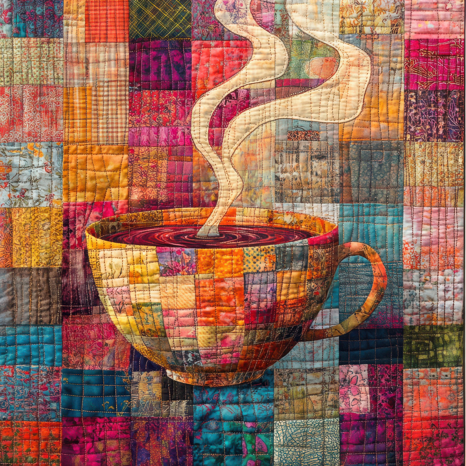 A steaming teacup with quilted steam swirls, showcasing intricate patchwork quilt textures, cozy patchwork fabric design enhances warmth and relaxation