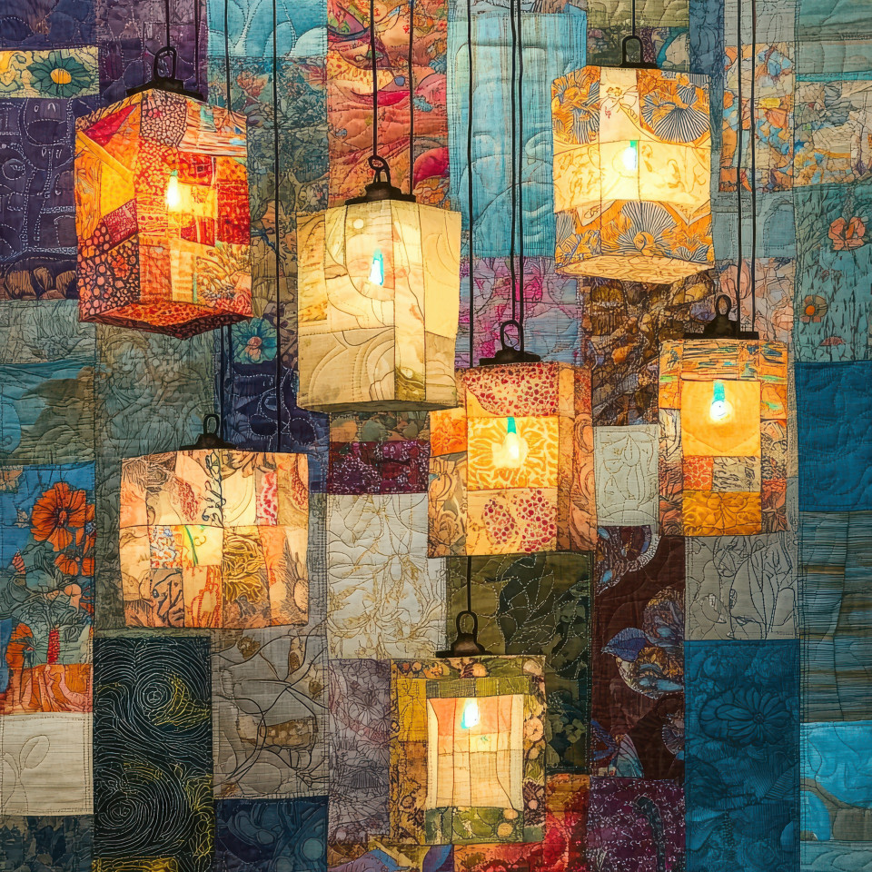 A string of fabric lanterns glowing softly, stitched with detailed patchwork quilt patterns, patchwork fabric textures create a cozy and festive atmosphere
