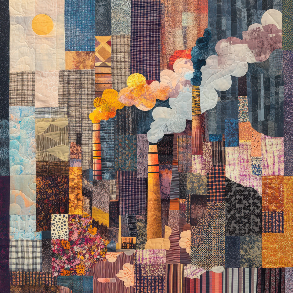 A patchwork factory with patterned smoke puffs rising, stitched together in a detailed patchwork quilt style, patchwork fabric textures bring a handmade charm
