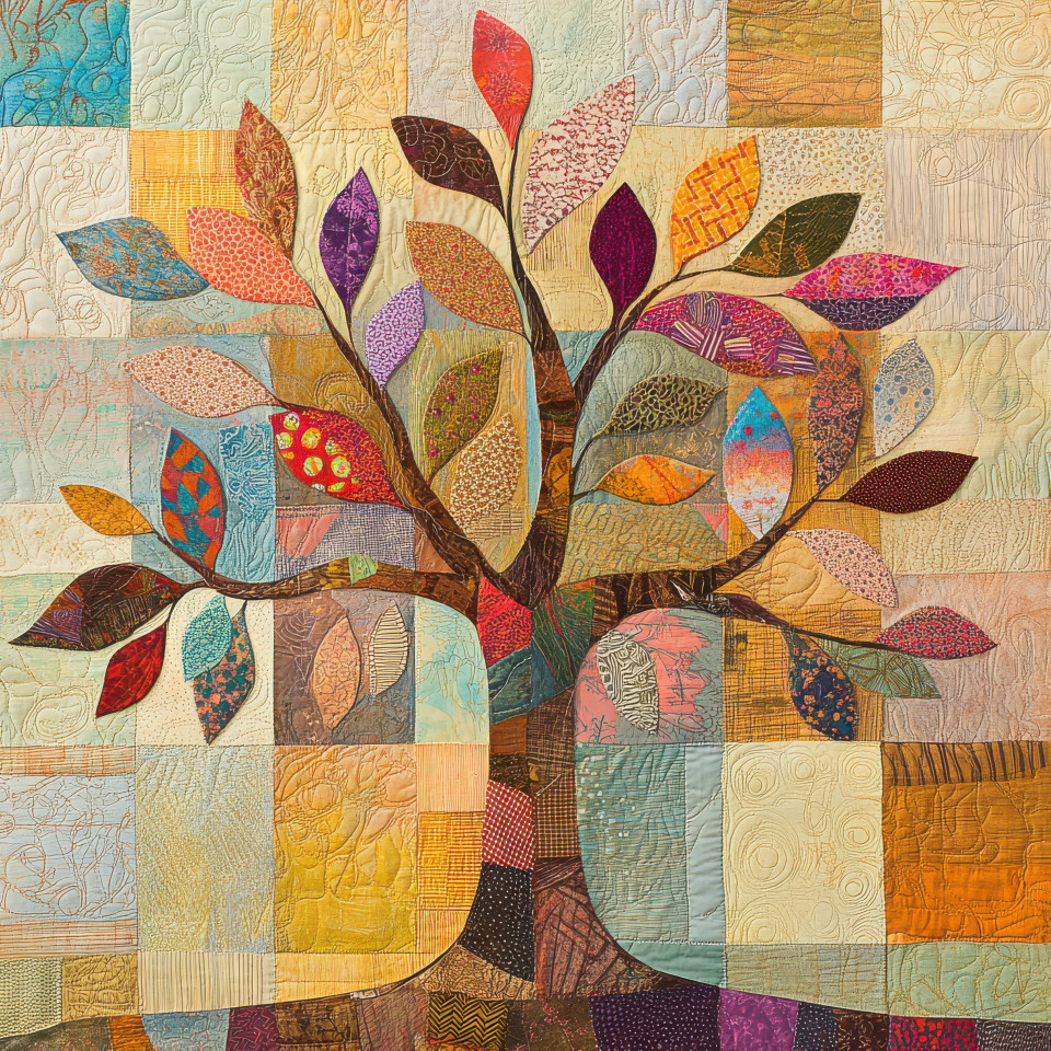 A patchwork tree with stitched leaves swaying gently, covered in intricate patchwork quilt patterns, patchwork fabric texture highlights nature and craft
