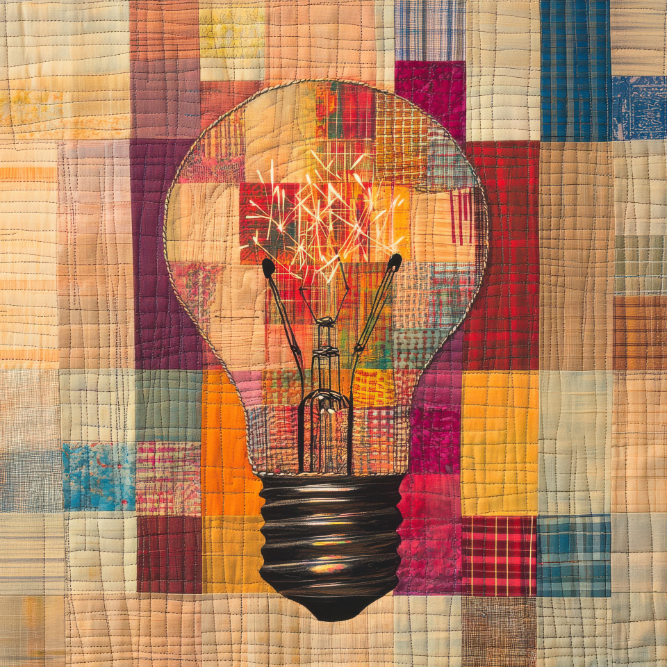A quilted light bulb with fabric sparks, glowing with creativity, patchwork quilt textures and patchwork fabric details symbolize bright ideas and craftsmanship